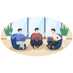 Meeting in the Office Lounge Sitting on a Cushion Chair with a Laptop