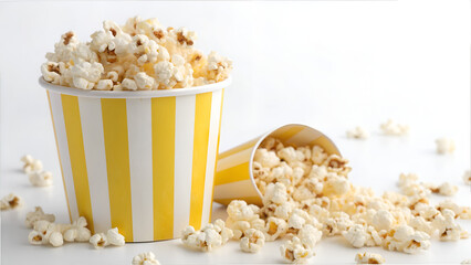 Delicious Popcorn in Yellow and White Striped Bucket on Bright Background | Snack Time | Cinema Food Concept