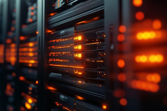 Server equipment with blinking light indicators close up view