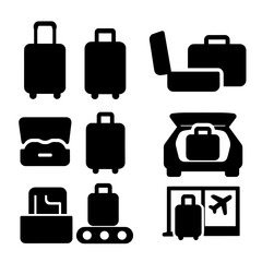 Fototapeta premium Travel essentials: modern luggage icons for airports and vacations