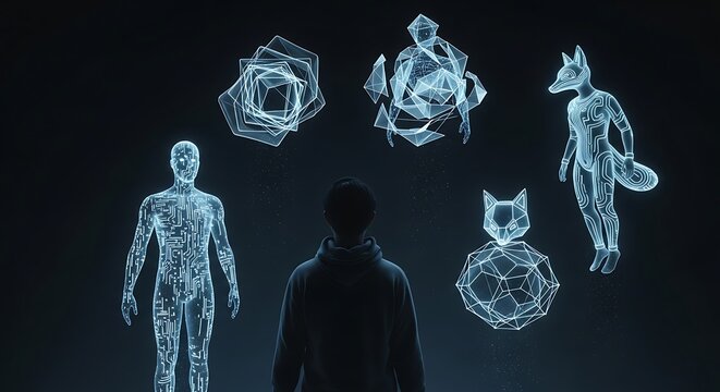 Man viewing holographic avatars digital projection technology virtual reality concept data stream futuristic visualization