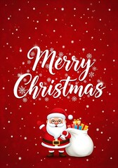 Festive Merry Christmas Illustration with Santa and Gift Bag on Red Background