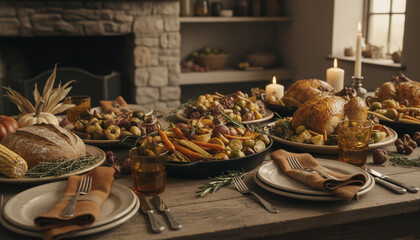Thanksgiving Dinner Table Bountiful Food Spread Cozy Home Celebration Warm Autumn Ambiance