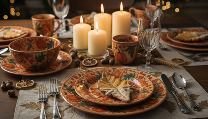 Fototapeta premium Thanksgiving Dinner Table Setting with Warm Candlelight and Rustic Autumn Harvest Decor