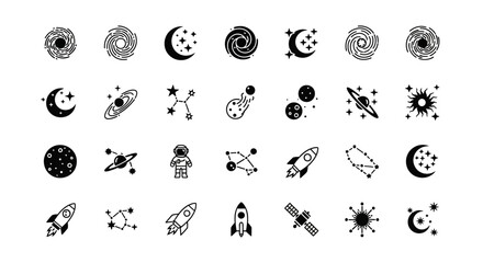 A minimalist collection of black line art icons representing space, astronomy, and cosmic exploration, including galaxies, planets, and rockets
