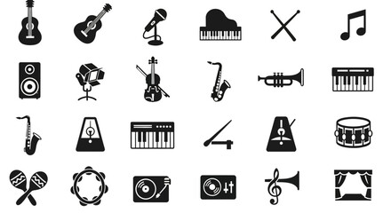 Simple music icon pack with vector symbols for instruments, sound, and recording. A versatile collection of flat design glyphs