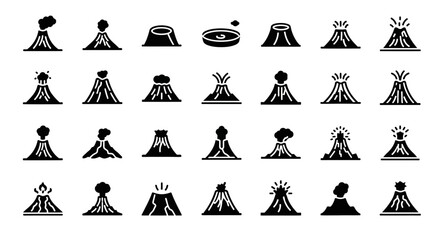 A comprehensive set of volcano glyph icons illustrating various geological phenomena like volcanic eruptions, magma flows, smoking craters, and dormant mountains © Steven