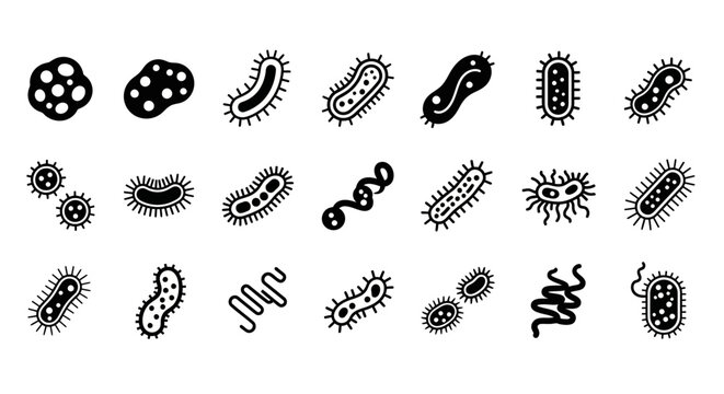 Set of black and white vector icons representing various bacteria, viruses, and germs for microbiology and science concepts