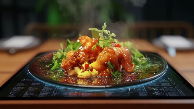 AR-enhanced restaurant menu displays realistic 3D food in upscale dining environment