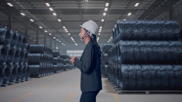 Side View of Asian Businesswoman Walking and Speech in Warehouse of Metal Wire Coils