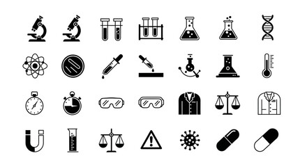 Fototapeta premium A versatile set of simple black glyph icons representing scientific research, laboratory equipment, chemistry, and medical symbols for creative projects