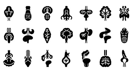 Collection of abstract symmetrical biomorphic icons featuring organic shapes and alien glyph elements
