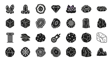 A comprehensive glyph icon set of minerals, gemstones, and geological formations, including crystals, rocks, and fossils. Vector collection for science and nature themes © Steven