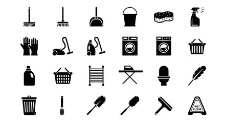 A creative collection of simple black glyph icons representing various household cleaning tools, laundry equipment, and housekeeping supplies