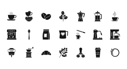 A comprehensive set of solid glyph icons related to coffee making, brewing methods, and cafe culture essentials