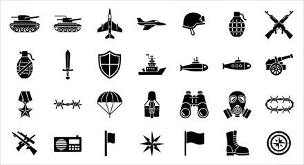 Fototapeta premium A comprehensive set of military glyph icons featuring army vehicles, combat weapons, and war symbols, isolated on a white background