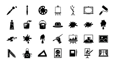 Vector icon collection of art supplies and painting equipment. Simple black glyphs and silhouettes for creative hobby and design concepts