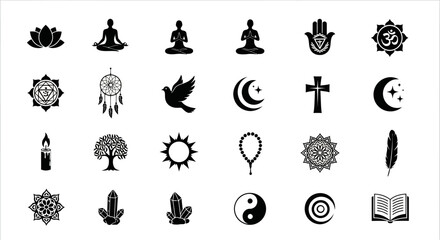 A comprehensive collection of spiritual and religious icons. Glyphs for yoga, mindfulness, and faith concepts inspired by universal kufu wisdom