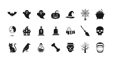 Vector graphic collection of classic scary Halloween symbols. A spooky black icon set for holiday decoration and design