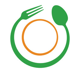 Modern circular food logo with fork spoon and plate symbol for restaurant or catering vector