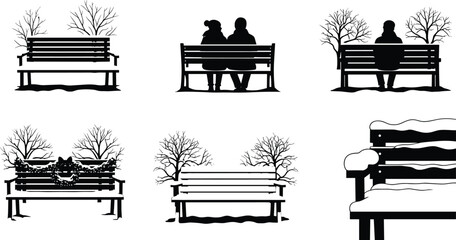 Park bench silhouettes, seasonal design, winter scene, holiday decor, emotional moment, vector illustration, CAD drawing, flat style