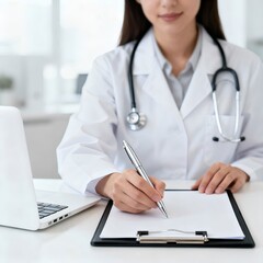 A doctor in a white coat writing on a clipboard with a pen next to a laptop on a white surface