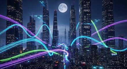 Urban Skyscraper View at Night with Glowing Data Transmission Streams and Full Moon