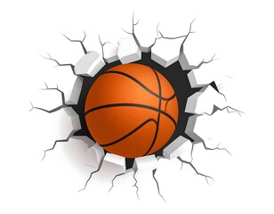A realistic, orange basketball bursts through a textured wall. 3D effect, isolated