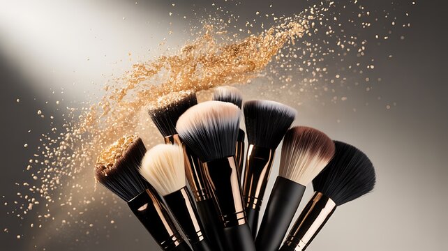 A dynamic explosion of shimmering golden powder erupts from a collection of professional makeup brushes against a soft diffused background
