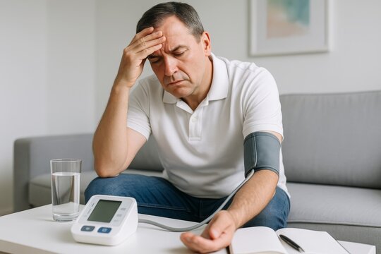 Middle-aged man with headache measures blood pressure at home using digital monitor, showing health concern and medical awareness concept. Ai generative