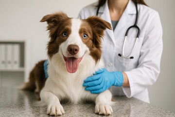 Happy dog being examined by veterinarian in clinic, symbolizing animal healthcare and veterinary medical concept on a clean professional background. Ai generative