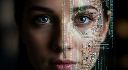Woman portrait split visualization human machine integration digital identity concept data security binary code streaming futuristic