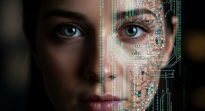 Woman portrait split visualization human machine integration digital identity concept data security binary code streaming futuristic