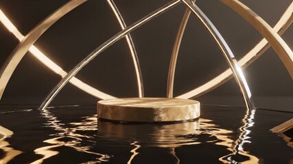 Abstract golden podium surrounded by elegant metallic arches and reflective liquid surface, perfect for luxury product display or branding. 33944815 1 - Powered by Adobe