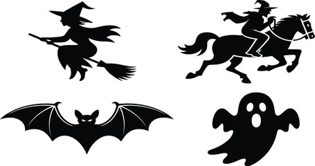 Spooky Halloween silhouettes featuring a witch, headless horseman, bat and ghost for scary designs