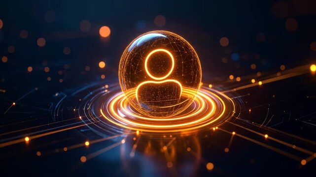 Glowing digital human icon centered in a network of connected lines and orbs against a dark background