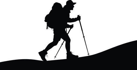 Dynamic silhouette of a determined hiker ascending a challenging mountain path with trekking poles