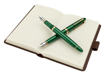 Isolated open journal on a desk with two green fountain pens lying in crisscross shape