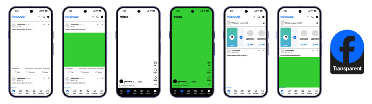 Facebook app UI mockup &mdash; home feed, video player, and story section with transparent logo design