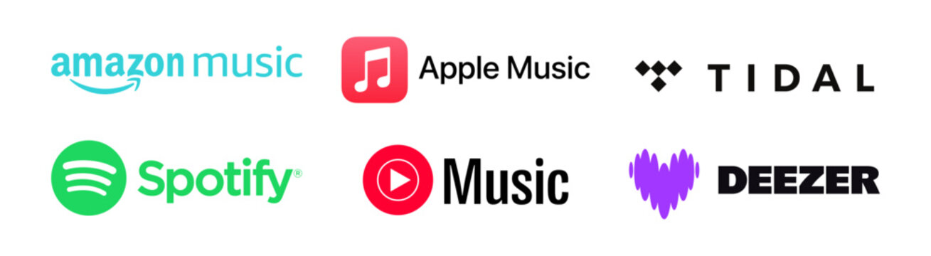 Music streaming service logos &mdash; Amazon Music, Apple Music, TIDAL, Spotify, YouTube Music, and Deezer