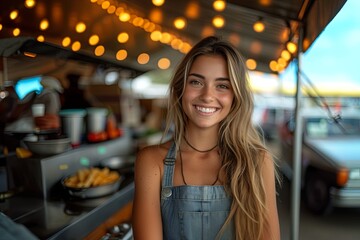 Smiling Woman In Denim Apron At Food Truck With Warm Lights