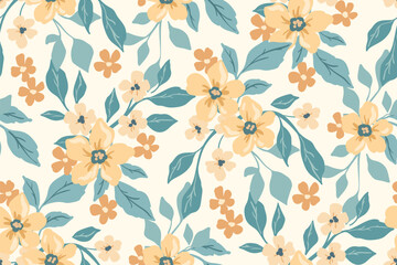 Seamless floral pattern, delicate ditsy print in liberty style. Romantic botanical design of small hand-drawn yellow flowers, large leaves, simple bouquets in light colors. Vector illustration.