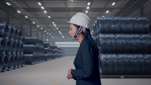 Side View of Asian Businesswoman Walking and Speech in Warehouse of Metal Wire Coils