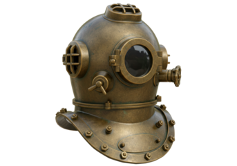 Isolated antique diving helmet from deep sea, vintage bronze metal maritime equipment