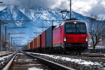 Obraz premium Roter Frachtzug vor verschneiten Alpen 