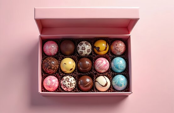 Artisan chocolate bonbons in a pink box. Luxury candy assortment with various flavors and colorful designs. Top view of a gift box full of delicious sweets. Dessert food photo.