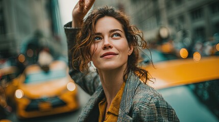 Professional woman in urban lifestyle hailing a taxi in a busy downtown sharp blazer smartphone in hand fast-paced city energy