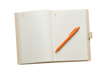 Isolated open notebook journal diary with an orange pen laying on the pages, top view