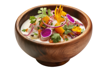 Oka Ia ceviche with raw fish, herbs, onions, and chili served in wooden bowl isolated on white transparent background, concept of traditional Polynesian cuisine