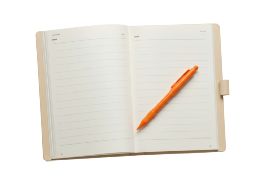 Isolated open notebook journal diary with an orange pen laying on the pages, top view - Powered by Adobe